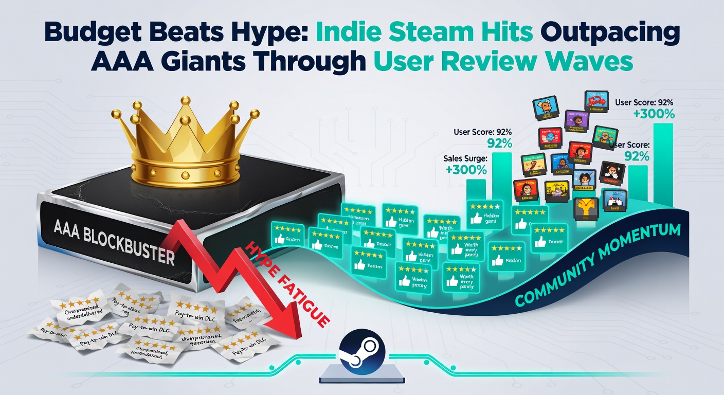 Steam storefront displaying a budget indie game with thousands of glowing user reviews clustered around a top-seller badge, contrasted against a high-budget AAA title lower in the charts