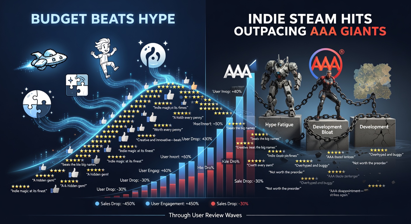 Side-by-side charts comparing sales trajectories of a top indie hit versus a lagging AAA release on Steam, with review counts overlaid as rising waves