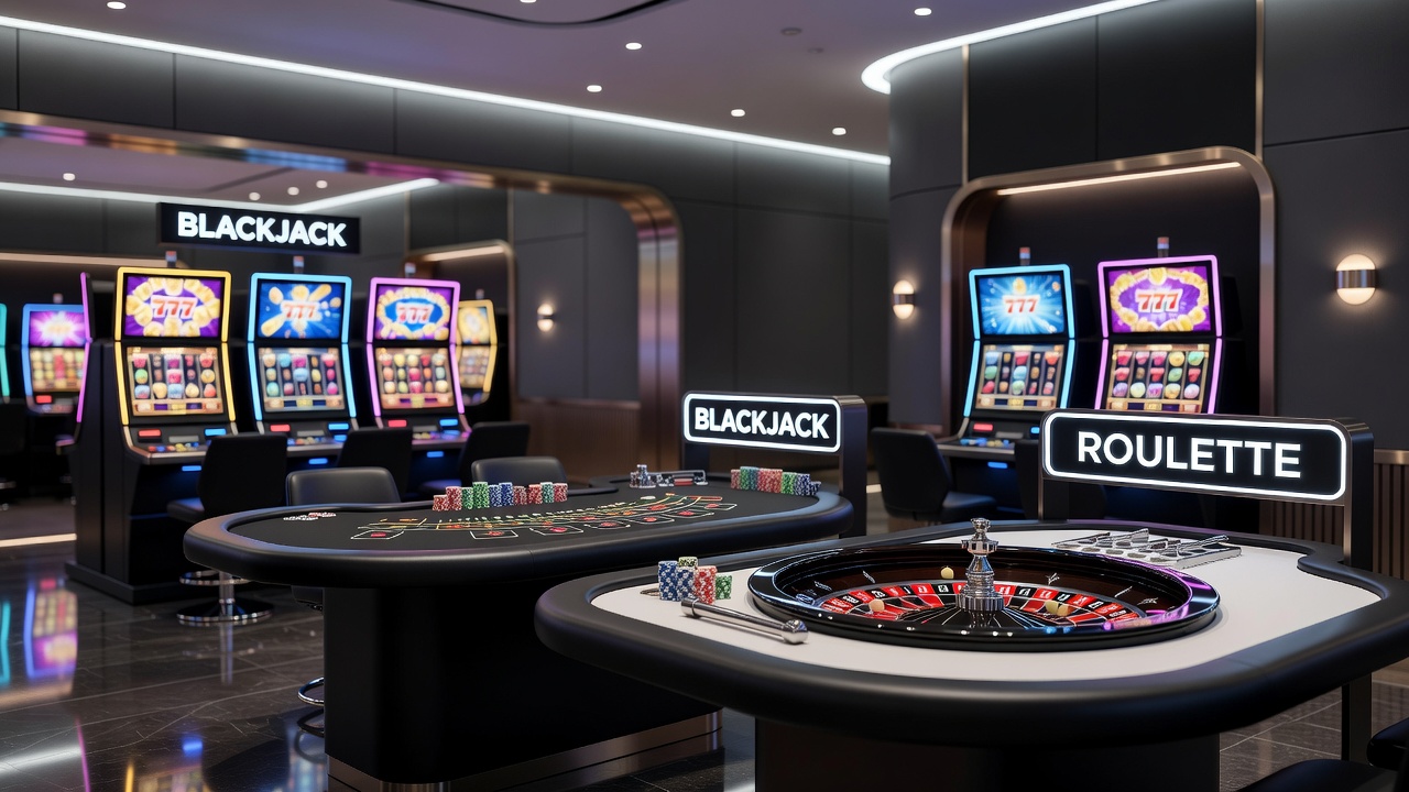 Overview of classic casino gaming tables including roulette and blackjack setups
