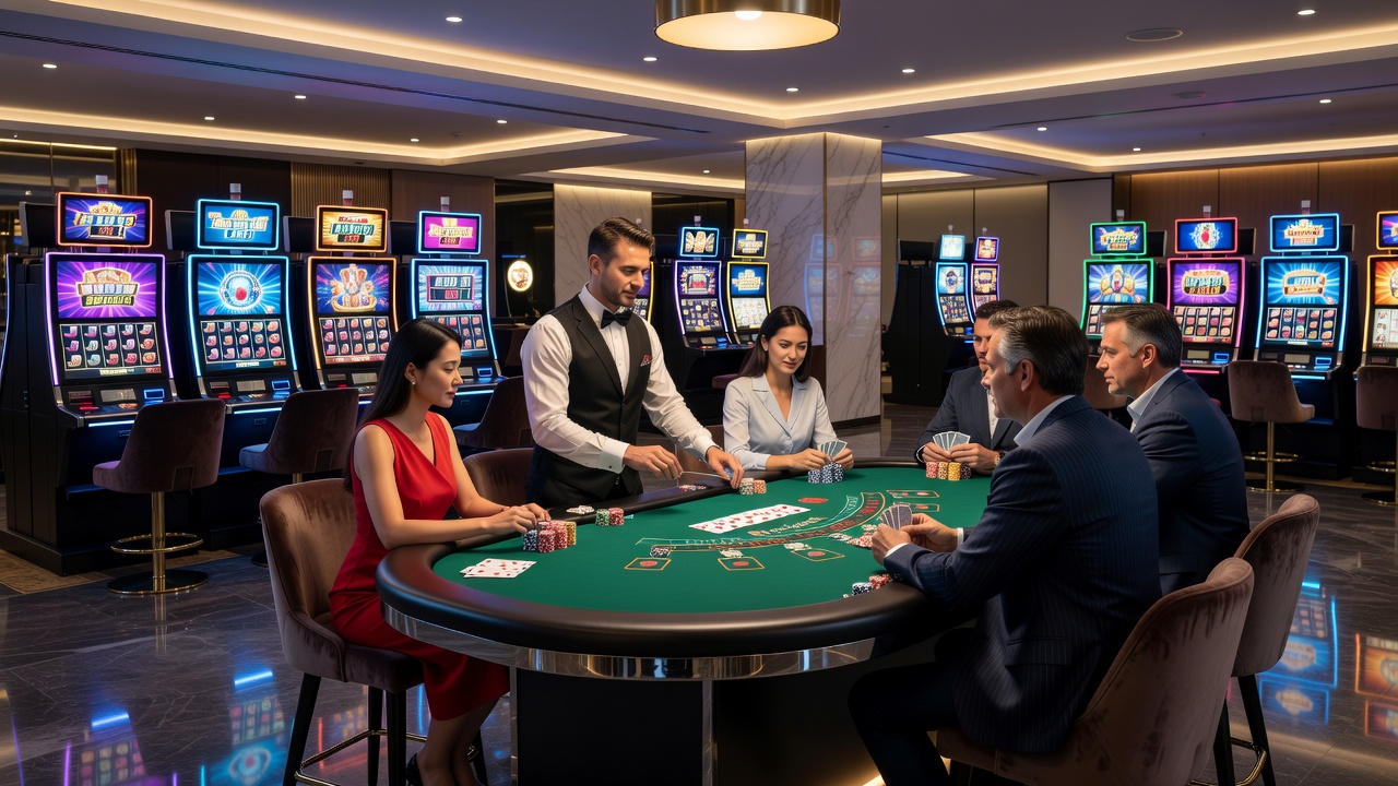Modern casino floor with rows of slot machines and digital displays