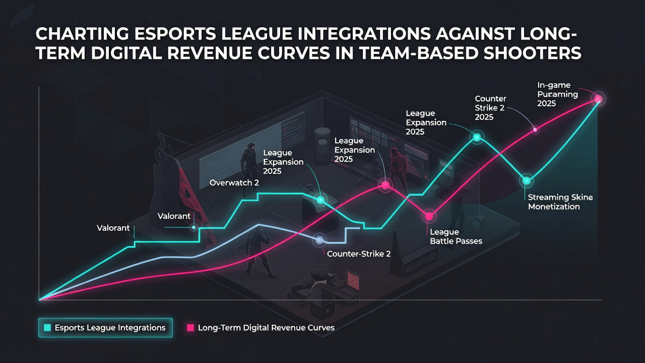 Visual representation of esports league integrations plotted against digital revenue trends in team-based shooters over multiple years