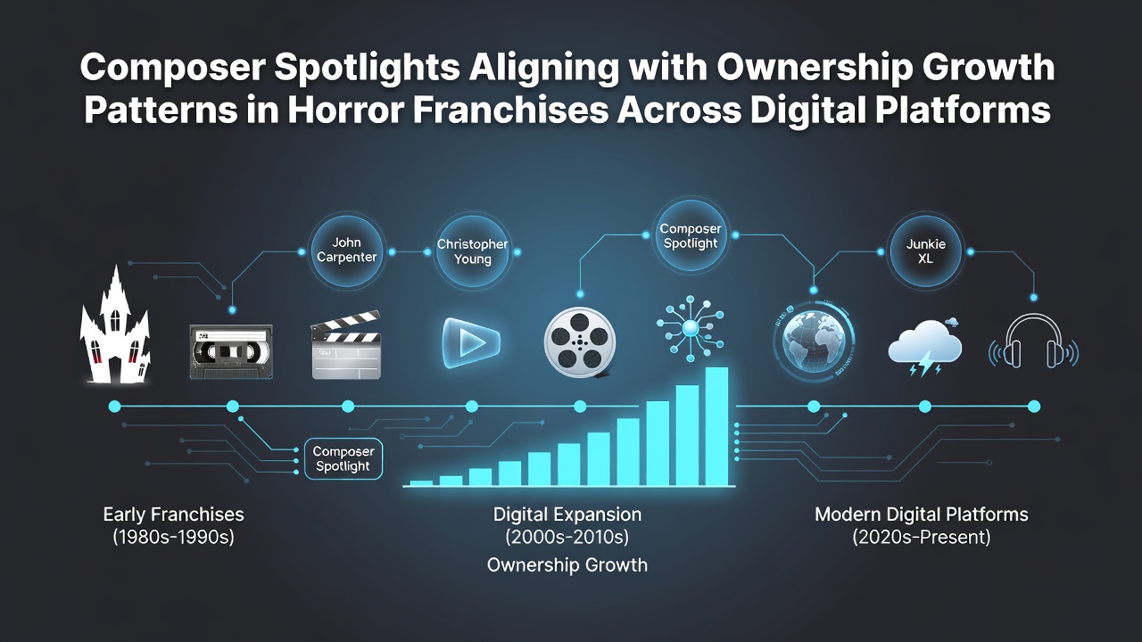 Digital storefront display highlighting composer credits for a horror game franchise with ownership metrics overlaid