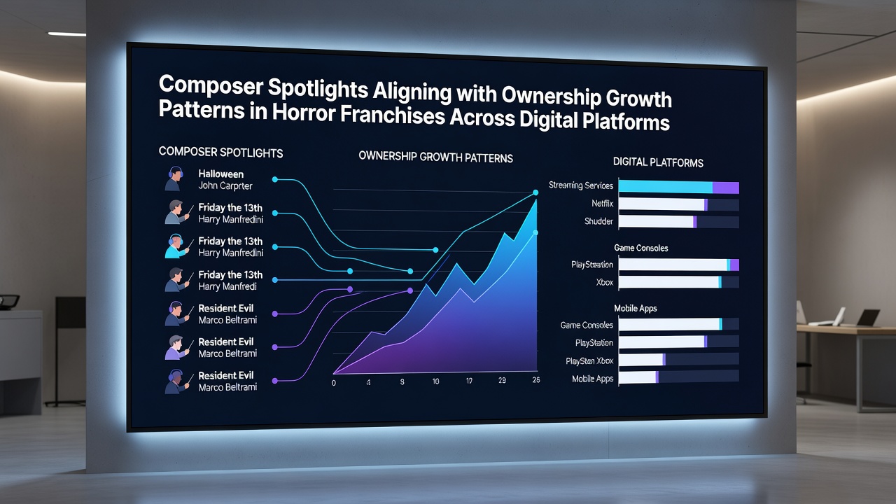 Graph overlay showing ownership growth curves for horror franchises correlated with composer spotlight events on Steam and consoles