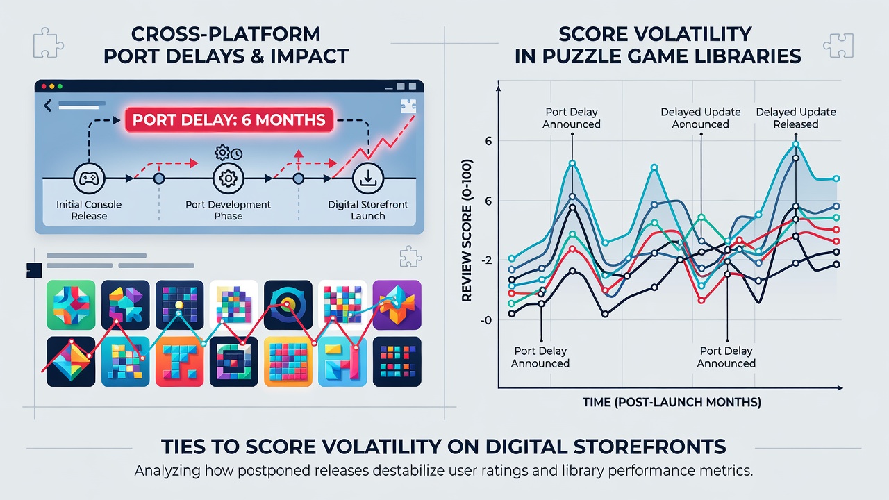 Side-by-side comparison of puzzle game user score graphs on Steam versus console storefronts showing volatility spikes after delayed ports