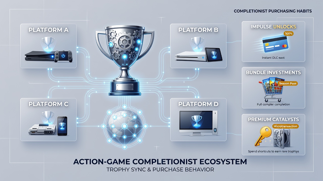 Completionist player interface displaying 100% trophy progress synced across multiple action-adventure games on different platforms