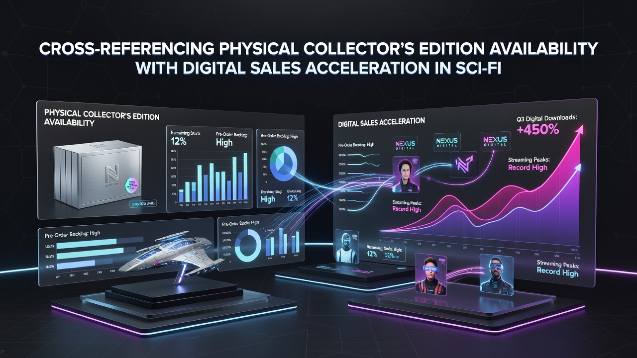 Digital sales dashboard overlaying physical stock levels for sci-fi RPG collector editions