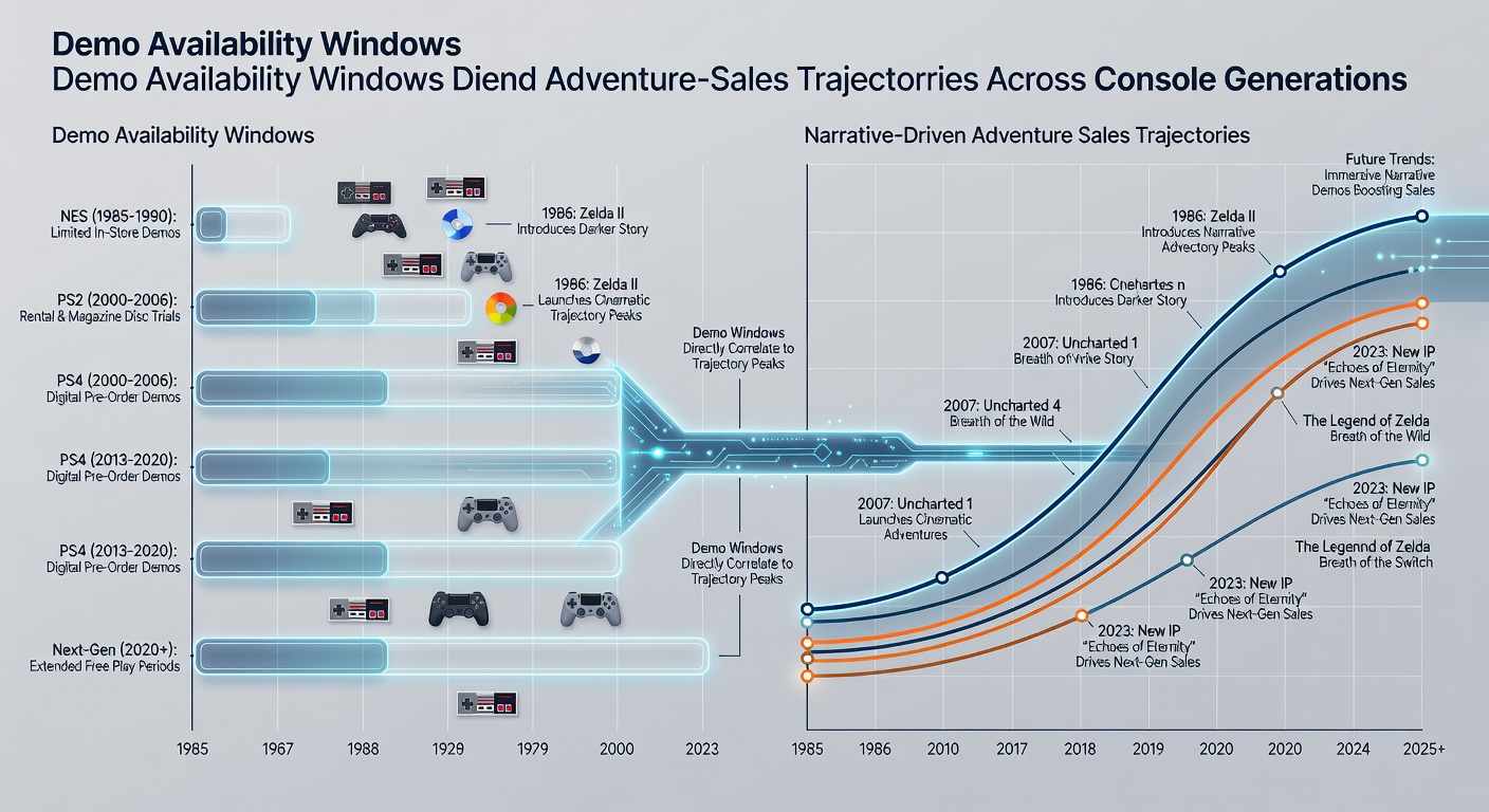 Graph illustrating sales curves for narrative adventure games with varying demo availability periods on recent console platforms