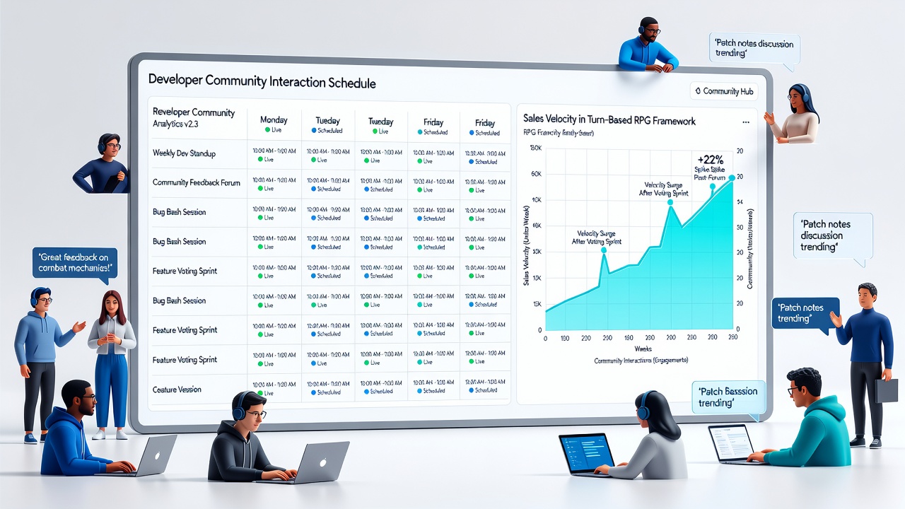 Analytics dashboard displaying sales velocity curves alongside community engagement timelines for RPG titles