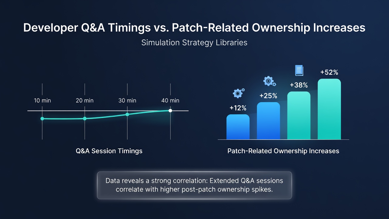 Chart showing timelines of developer Q&A sessions aligned with patch releases and ownership metrics in simulation strategy game libraries on digital platforms