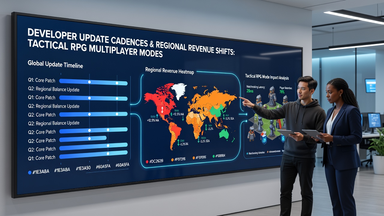 Charts illustrating revenue shifts matched to update release timelines in tactical RPG multiplayer modes