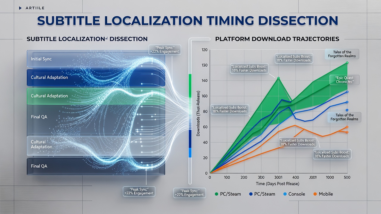 Analysis chart showing subtitle localization timelines aligned with download curves for narrative adventure collections across Steam and console platforms