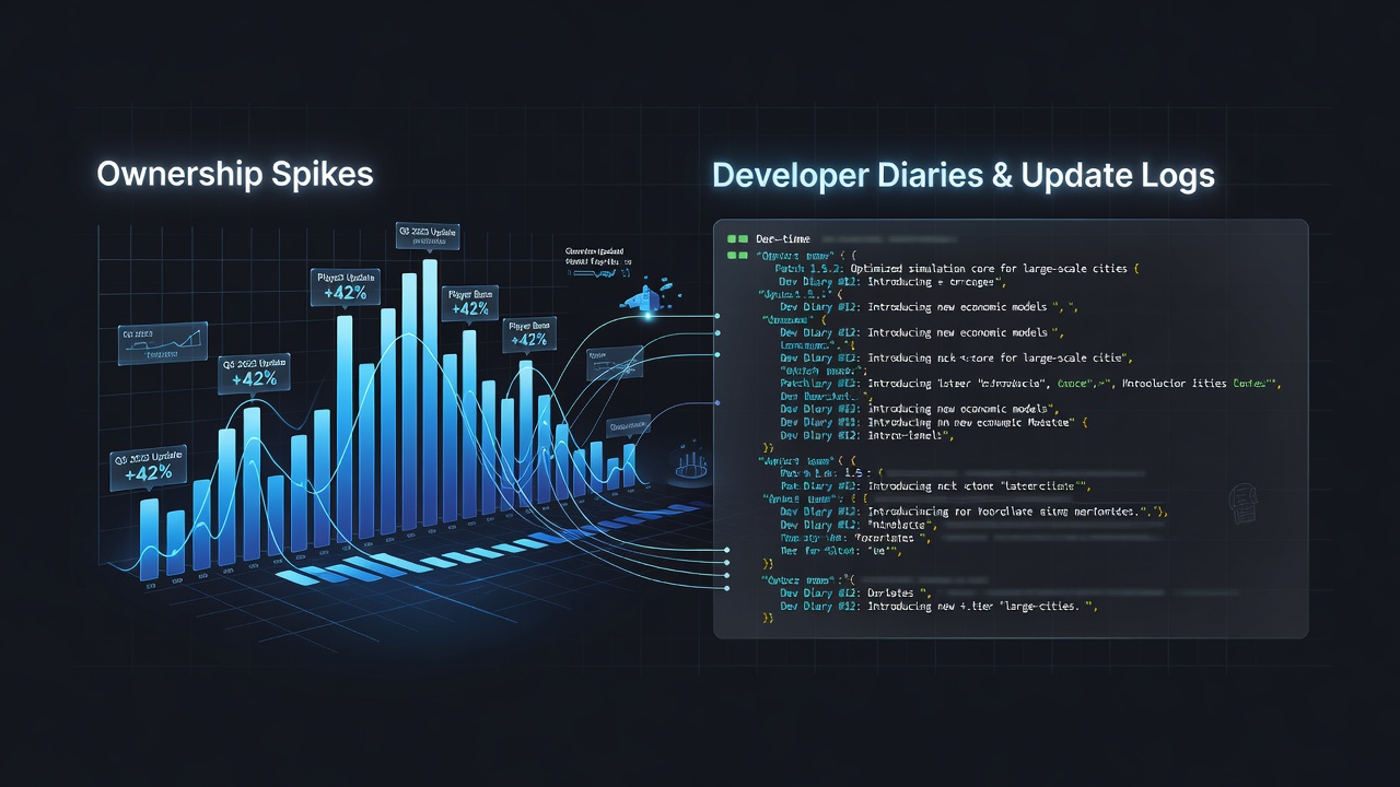 Developer diary timeline overlaid with ownership growth charts for simulation franchises