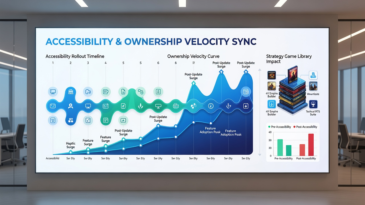 Ownership velocity charts comparing strategy game sales before and after accessibility updates on Steam, PlayStation, and Xbox storefronts