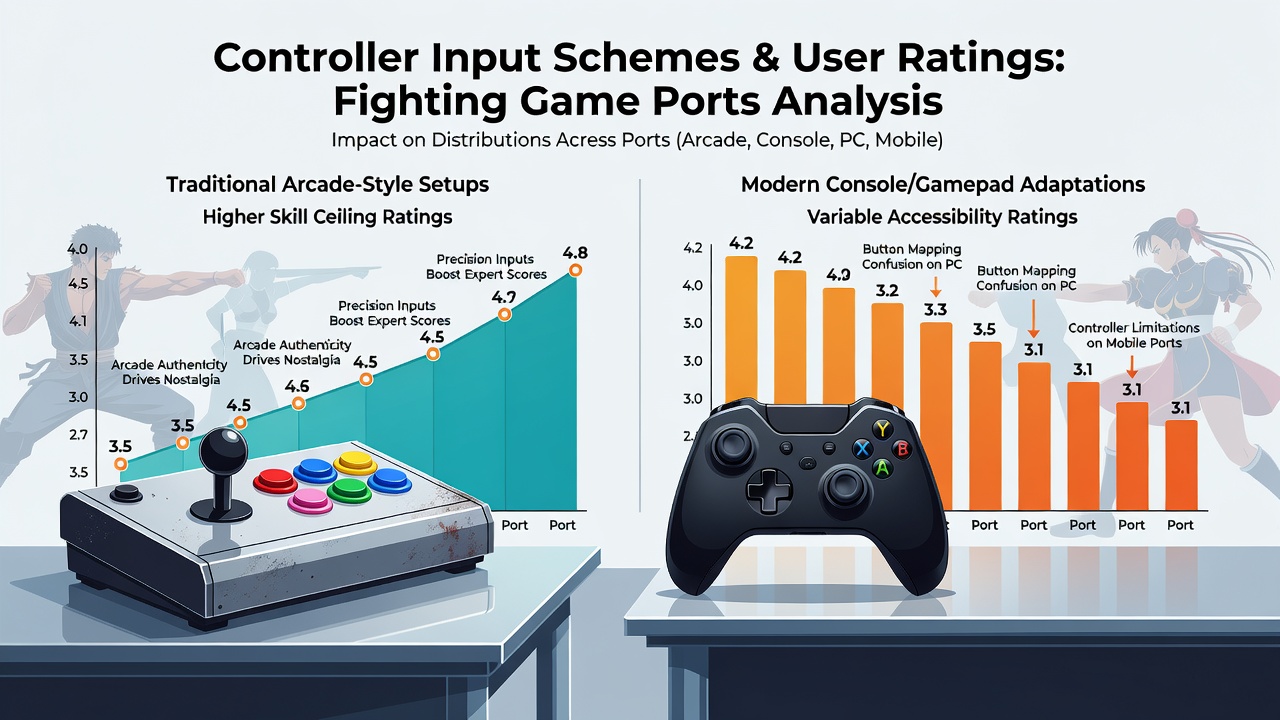 Graph illustrating user rating distributions for fighting game ports across PlayStation 5, Xbox Series X, and Nintendo Switch with overlaid controller scheme icons