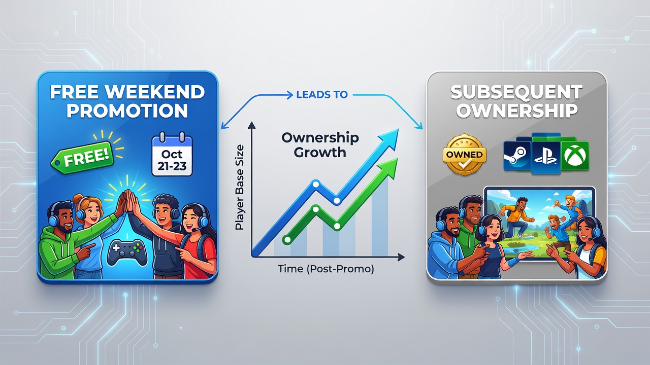 Steam and console storefront interfaces displaying free weekend promotions for co-op multiplayer titles with ownership growth charts overlaid