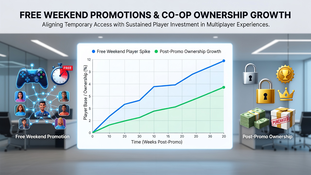 Analytics dashboard showing post-promotion ownership curves for co-op games across Steam, PlayStation, and Xbox platforms in 2026
