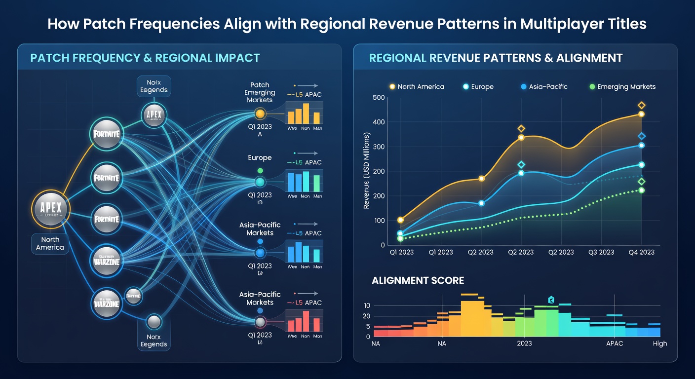Regional comparison graphs illustrating how bi-weekly versus monthly patches influence revenue retention rates in multiplayer titles through mid-2026