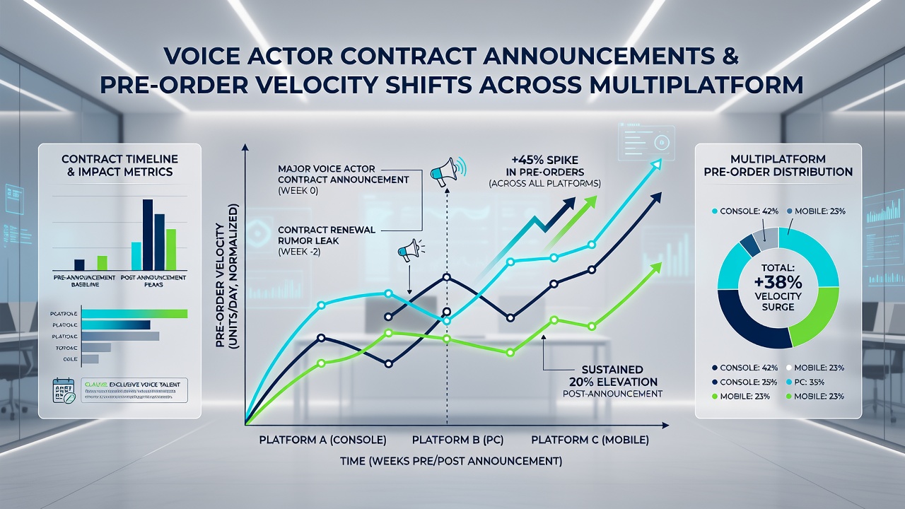 Timeline graph comparing voice actor contract news dates with pre-order volume increases for action-adventure games