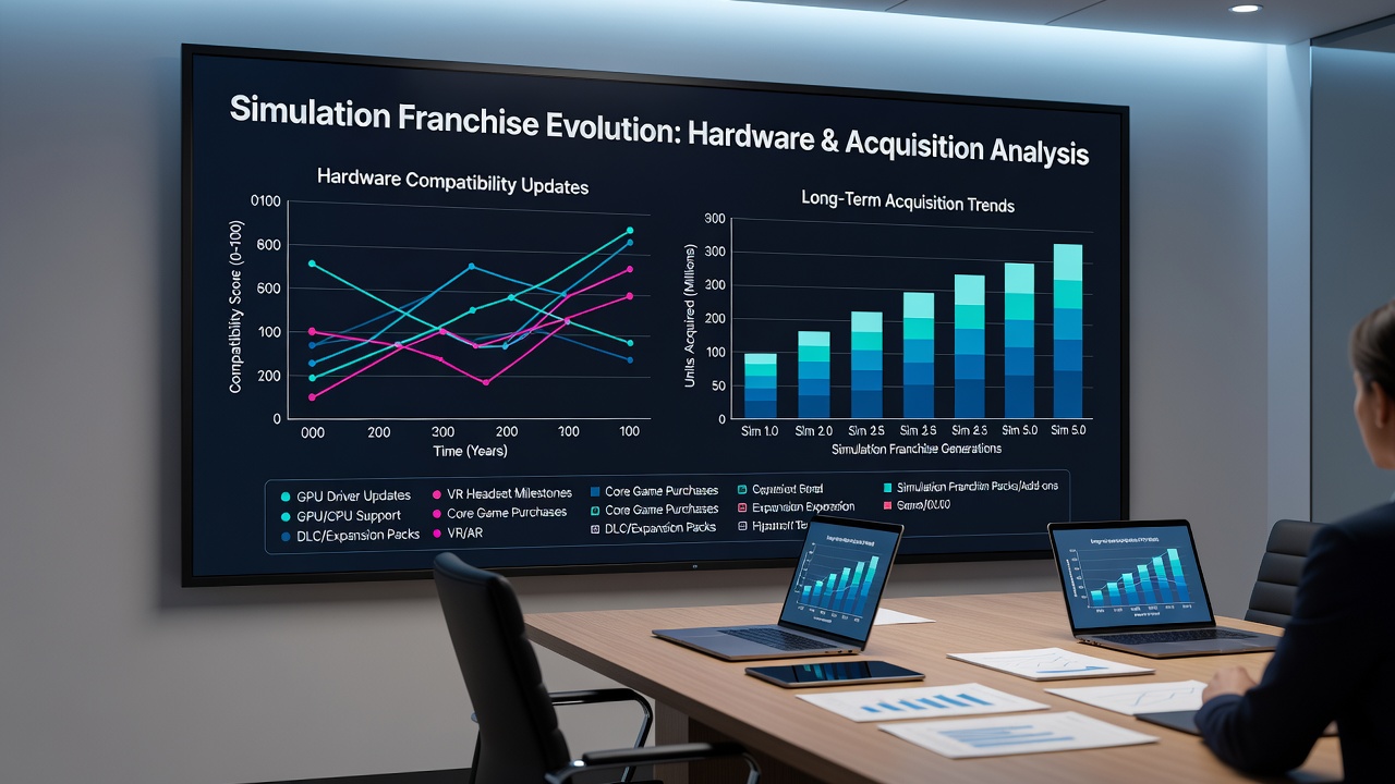 Detailed graphs comparing patch deployment dates with cumulative ownership numbers for simulation franchises on Steam, PlayStation, and Xbox digital platforms