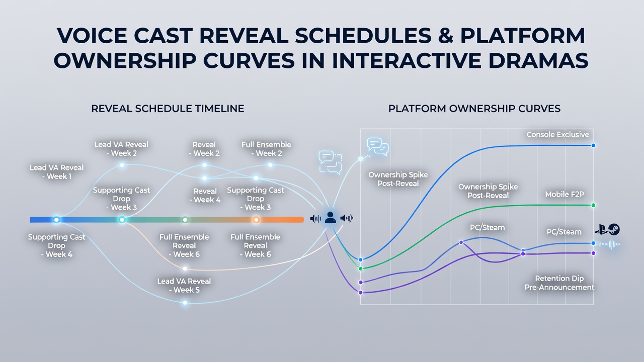 Chart showing voice cast reveal timelines aligned with ownership growth across PC, PlayStation, and Xbox platforms for narrative interactive dramas