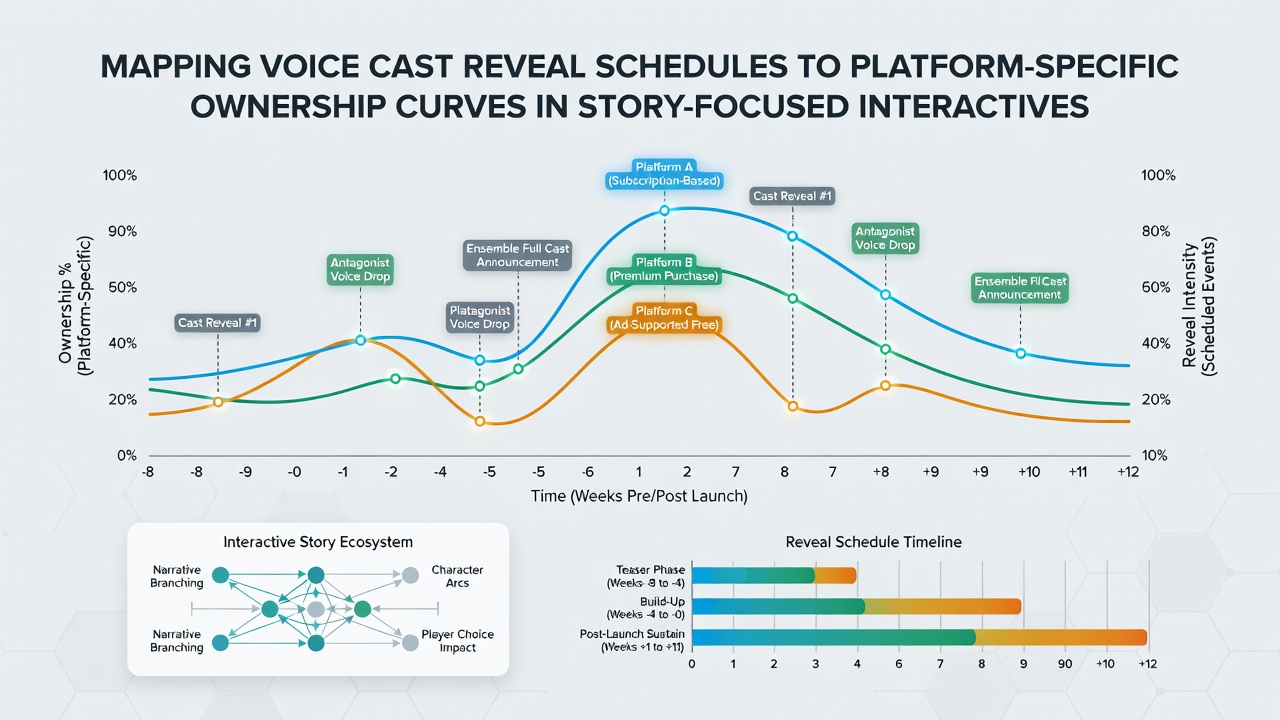 Graph illustrating cumulative ownership percentages for interactive drama titles following voice cast announcements on various platforms in 2025-2026