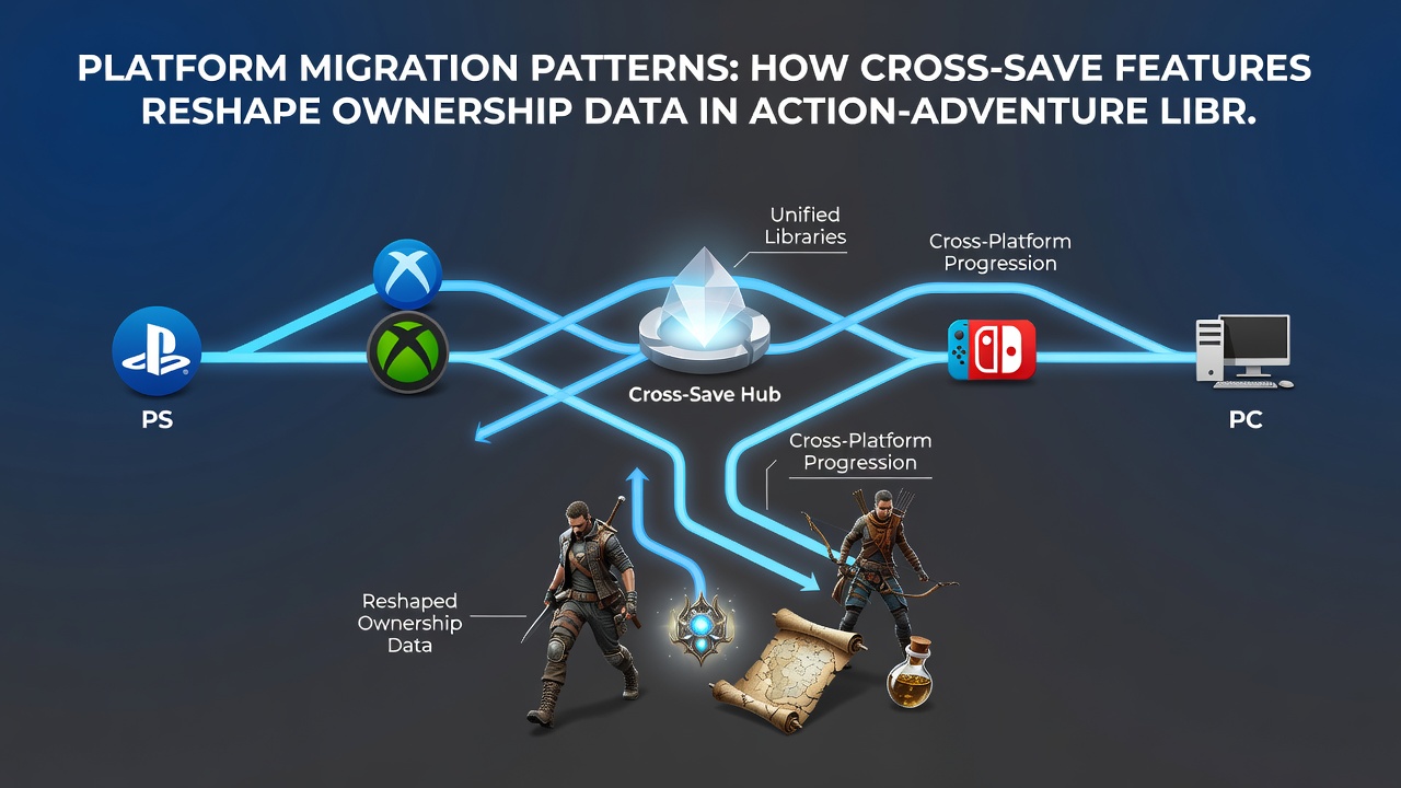 Data visualization showing migration flows of action-adventure game ownership between PC and console platforms via cross-save features