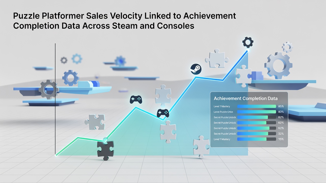 Sales charts and achievement completion graphs for puzzle platformers on Steam and major consoles