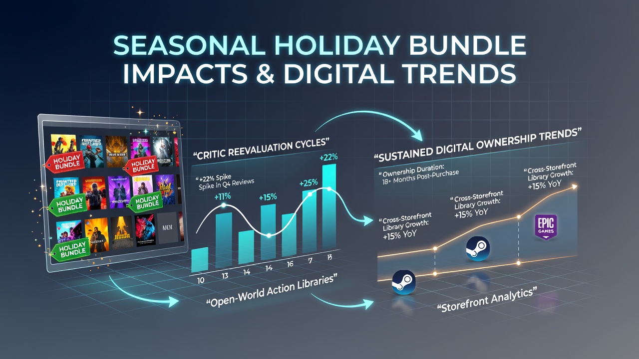 Holiday bundle promotions displayed across multiple digital storefronts for open-world action titles