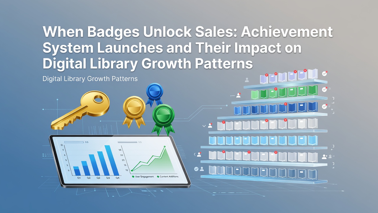 Digital storefront dashboard displaying achievement badges alongside library growth metrics and sales charts